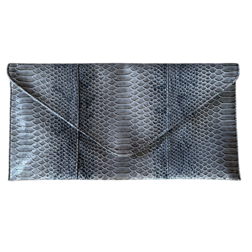 Snake embossed ladies, grey clutch purse, magnetic snap closure,